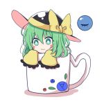  1girl :3 bangs black_hat blush_stickers bow commentary_request cup eyebrows_visible_through_hair eyelashes frilled_sleeves frills green_eyes green_hair hair_between_eyes hat hat_bow in_container in_cup komeiji_koishi long_sleeves looking_at_viewer minigirl mug shadow short_eyebrows short_hair simple_background solo tareme third_eye touhou white_background wide_sleeves yellow_bow ying1hua1 