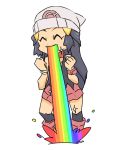  1girl beanie blue_hair boots clenched_hands closed_eyes glint hair_ornament hat hikari_(pokemon) kneehighs long_hair nyonn24 pokemon simple_background sketch skirt smile solo standing vomiting_rainbows white_background 