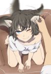  ;) animal_ears bare_legs barefoot blue_eyes blurry blush brown_hair commentary_request depth_of_field dog_ears dog_tail from_above full_body hand_on_ear kneeling mattaku_mousuke messy_hair motion_blur motion_lines off_shoulder one_eye_closed original shirt shirt_slip short_hair sitting smile t-shirt tail tail_wagging touching wariza wavy_mouth 