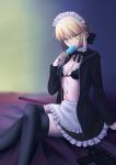  absurdres apron artoria_pendragon_(all) bed_sheet black_bra black_jacket black_legwear black_ribbon blonde_hair bra breasts brown_skirt choker cleavage eyebrows_visible_through_hair fate/stay_night fate_(series) food frilled_apron frilled_bra frilled_skirt frills gun hair_between_eyes hair_ribbon highres holding holding_food ice_cream inside jacket legs_crossed looking_at_viewer maid maid_headdress miniskirt mishiro0229 open_clothes open_jacket ribbon saber_alter short_hair sitting skirt small_breasts thigh-highs underwear unzipped weapon white_apron yellow_eyes 