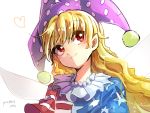  1girl american_flag american_flag_print artist_name asuku_(69-1-31) bangs blonde_hair blush closed_mouth clownpiece eyebrows_visible_through_hair fairy_wings flag_print hat heart highres jester_cap long_hair looking_away looking_up neck_ruff pixiv_id polka_dot_hat purple_hat shiny shiny_hair short_sleeves simple_background smile solo tareme touhou upper_body wavy_hair white_background wings 