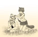  2girls anteater_ears anteater_tail bare_shoulders blush bow bowtie brown_hair commentary_request eyebrows_visible_through_hair flower fluffy fossa_(kemono_friends) fossa_ears fossa_tail frilled_skirt frills greyscale head_wreath highres kemono_friends long_sleeves monochrome multiple_girls neckerchief nose_blush ouka_(yama) pantyhose pleated_skirt seiza short_hair shorts sitting skirt socks southern_tamandua_(kemono_friends) suspenders tail vest white_hair 