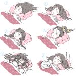  1girl black_hair blush braid cat closed_eyes commentary_request drooling futon gomennasai hair_spread_out long_hair multiple_views numbered_panels original pillow simple_background sleeping sweat twin_braids white_background 
