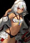  1girl altera_(fate) arm_up armpits bangs bare_shoulders bikini black_background black_bikini_bottom black_nails breasts cleavage closed_mouth collar collarbone cowboy_shot detached_sleeves dutch_angle expressionless eyebrows_visible_through_hair fate/grand_order fate_(series) forehead_protector frills full_body_tattoo gijang holding holding_weapon long_sleeves looking_at_viewer mismatched_bikini nail_polish navel red_eyes silver_hair simple_background small_breasts solo standing stomach swimsuit tattoo tsurime veil waist_cape weapon white_bikini_top 