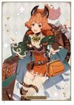  1girl :d animal_ears argyle argyle_background artist_name ayt bag belt bow bowtie breasts brown_eyes brown_gloves brown_hair card_(medium) character_name cleavage dress gloves granblue_fantasy green_bow green_neckwear highres karteira long_hair looking_at_viewer medium_breasts open_mouth orange_dress page_number ponytail shiny shiny_clothes short_dress smile solo standing thigh-highs thigh_strap white_legwear 