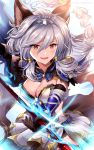  1girl animal_ears bangs blush braid breasts cape cleavage commentary_request cowboy_shot dress elbow_gloves erune eyebrows_visible_through_hair gem gloves granblue_fantasy grey_hair hair_between_eyes hair_ornament hairband heles holding holding_weapon long_hair looking_at_viewer medium_breasts myusha open_mouth outstretched_arm polearm sidelocks single_braid smile solo spear standing twitter_username weapon yellow_eyes 