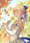  1girl absurdres ahoge artist_name artoria_pendragon_(all) blonde_hair blue_bow bow breasts captain_an cleavage closed_eyes collarbone dress elbow_gloves fate/unlimited_codes fate_(series) flower gloves hair_bow high_ponytail highres long_hair outdoors parted_lips saber_lily sleeveless sleeveless_dress small_breasts solo upper_body white_dress white_gloves yellow_flower 