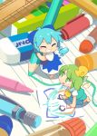  2girls :d ^_^ aqua_dress ascot barefoot blue_bow blue_dress blue_hair blush_stickers bow cirno closed_eyes crayon daiyousei detached_wings dress eraser fairy_wings green_eyes green_hair grin hair_bow highres ice ice_wings lined_paper looking_up minigirl moyazou_(kitaguni_moyashi_seizoujo) multiple_girls open_mouth paper pencil ruler short_hair short_sleeves side_ponytail smile touhou wings wooden_pencil yellow_bow yellow_neckwear 