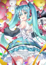  1girl :d ahoge aqua_eyes bag balloon bare_shoulders bloomers blue_hair blue_skirt blush bow confetti cowboy_shot detached_sleeves eyebrows_visible_through_hair from_behind h_shai hair_ribbon hatsune_miku headphones holding layered_skirt long_hair long_sleeves looking_back magical_mirai_(vocaloid) megaphone number_tattoo open_mouth pink_bow ribbon shiny shiny_hair shirt shoulder_blades shoulder_tattoo skirt smile solo standing tareme tattoo thigh-highs underwear upskirt very_long_hair vocaloid white_legwear white_ribbon white_shirt 