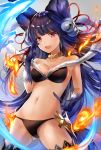  1girl :d \m/ animal_ears bangs bare_shoulders bell bikini black_bikini blue_gloves blue_hair blush breasts choker cleavage commentary_request cowboy_shot double_\m/ erune eyebrows_visible_through_hair fire fur-trimmed_bikini fur_trim gloves granblue_fantasy hair_bell hair_ornament hair_ribbon highres jingle_bell long_hair looking_at_viewer medium_breasts myusha navel open_mouth red_eyes ribbon smile solo standing stomach swimsuit tail thigh-highs very_long_hair yuel_(granblue_fantasy) 