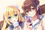  2girls :d anzu_(sumisaki_yuzuna) blonde_hair blue_sailor_collar blush brown_eyes brown_hair bun_cover cardigan commentary_request cup disposable_cup double_bun dutch_angle flower green_eyes grin hair_flower hair_ornament hair_ribbon hairclip heart holding holding_cup long_hair looking_at_viewer multiple_girls open_mouth original red_ribbon ribbon sailor_collar school_uniform serafuku shirt side_bun smile sumisaki_yuzuna thank_you twintails white_flower white_sailor_collar white_shirt 