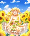  1girl :d ^_^ arm_at_side bangs bare_arms bare_shoulders blonde_hair blue_sky blunt_bangs blush carrying closed_eyes clouds collarbone day dress eyebrows_visible_through_hair facing_viewer field flower flower_field hair_blowing highres idolmaster idolmaster_cinderella_girls jougasaki_rika light_particles long_hair nuemi_(namja2012) open_mouth outdoors petticoat plaid plaid_dress short_twintails sky smile solo summer sundress sunflower twintails wind wind_lift 