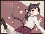  1girl animal_ears arm_support bangs black_border black_footwear black_hair blush boots border cat_day cat_ears cat_tail closed_mouth cross-laced_footwear dated expressionless from_behind fujinami_(kantai_collection) grey_legwear hair_ribbon highres kantai_collection kemonomimi_mode knee_boots lace-up_boots leg_up long_hair long_sleeves looking_at_viewer looking_back lying miroku_san-ju on_stomach pantyhose purple_skirt ribbon shirt side_ponytail skirt solo striped striped_background tail tsurime vertical-striped_background vertical_stripes white_ribbon white_shirt 