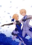  1boy 1girl absurdres ahoge artist_name artoria_pendragon_(all) black_gloves blonde_hair blue_dress blue_flower blue_neckwear blue_ribbon breasts dancing dress elbow_gloves eye_contact eyebrows_visible_through_hair fate_(series) flower formal gloves green_eyes hair_between_eyes hair_ribbon hand_on_another&#039;s_hip highres looking_at_another medium_breasts necktie outstretched_arms pants ribbon saber saber_(fate/prototype) short_hair_with_long_locks sidelocks sleeveless sleeveless_dress smile striped tiarii_art vertical_stripes white_background white_pants 