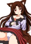  1girl :o animal_ears bangs blush breasts brown_hair cleavage collarbone commentary_request cowboy_shot eyebrows_visible_through_hair fang groin hand_on_own_chest hand_on_own_stomach imaizumi_kagerou large_breasts long_hair long_sleeves looking_at_viewer nagana_sayui panties parted_bangs red_eyes red_skirt shirt simple_background skirt sleeve_cuffs solo spread_legs tareme touhou underwear upskirt white_background white_panties white_shirt wolf_ears 