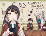  /\/\/\ 3girls :d ahoge alcohol animal_ears arm_up asashimo_(kantai_collection) bangs black_hair blonde_hair blue-framed_eyewear blue_bow blue_neckwear blush bottle bow bowl bowtie brown_mittens chopsticks cup dated drinking_glass eating eyebrows_visible_through_hair food fujinami_(kantai_collection) glasses green_eyes happy_new_year highres holding holding_bottle holding_bowl kantai_collection kotatsu long_hair long_sleeves miroku_san-ju mochi multicolored_hair multiple_girls new_year okinami_(kantai_collection) open_clothes open_mouth oven_mitts purple_skirt purple_vest romaji sharp_teeth shoes side_glance side_ponytail silver_hair skirt smile sparkle speech_bubble steam surprised sweatdrop table teeth two-tone_background two-tone_hair upper_body v-shaped_eyebrows very_long_hair vest wagashi yellow_eyes 