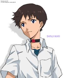  1boy bai_wang black_choker blue_eyes blue_shirt breast_pocket brown_hair character_name choker collared_shirt commentary_request drop_shadow expressionless ikari_shinji male_focus neon_genesis_evangelion pocket popped_collar shirt short_sleeves solo upper_body white_shirt wing_collar 