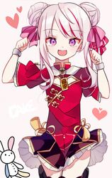  1girl :d bangs black_footwear black_skirt bow cake_(isiofb) china_dress chinese_clothes commentary_request double_bun dress eyebrows_visible_through_hair fangs hair_bow hands_up heart highres hime_channel multicolored_hair open_mouth pink_bow pleated_skirt purple_legwear red_bow red_dress redhead shoes side_bun sidelocks silver_hair skirt smile solo streaked_hair striped striped_bow stuffed_animal stuffed_bunny stuffed_toy tanaka_hime thigh-highs virtual_youtuber wrist_cuffs 