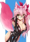  1girl absurdres animal_ears bow breasts choker cleavage collarbone eyebrows_visible_through_hair fate/grand_order fate_(series) fox_ears fox_tail glasses hair_bow highres large_breasts leotard long_hair looking_at_viewer pink_hair skin_tight solo tail tamamo_(assassin)_(fate) tamamo_(fate)_(all) very_long_hair yellow_eyes 