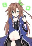  1girl blush bow brown_hair cellphone choker eyebrows_visible_through_hair green_eyes hair_bow hair_ornament highres holding holding_cellphone holding_phone if_(choujigen_game_neptune) jacket long_hair looking_at_phone neptune_(series) phone ribbon sitting solo yasei 