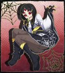  1girl bangs black_hair boots brown_legwear carapace claws commentary cross-laced_footwear english_commentary extra_eyes fangs full_body hair_ornament hairclip highres insect_girl japanese_clothes jorougumo knee_boots lace-up_boots lace_trim legs_together miniskirt monster_girl no_pupils obi original panties panties_under_pantyhose pantyhose parted_bangs petite polka_dot polka_dot_background print_legwear red_eyes sash seamed_legwear skirt socks solid_eyes solo spider_girl spider_web_print spike_wible underwear wide_sleeves yellow_legwear 