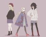  3girls andou_(girls_und_panzer) beret black_footwear black_hair black_jacket black_legwear blonde_hair blue_coat blue_eyes blue_skirt blush_stickers boots brown_background brown_eyes brown_footwear casual closed_mouth commentary cross-laced_footwear dark_skin dress dress_shirt drill_hair english_commentary floral_print flower from_behind from_side frown girls_und_panzer green_dress green_eyes grey_skirt hand_on_hip hands_in_pockets hat high_heel_boots high_heels highres inumoto jacket kneepits lace-up_boots long_hair long_sleeves looking_at_another looking_at_viewer looking_back looking_to_the_side marie_(girls_und_panzer) medium_hair miniskirt multiple_girls oshida_(girls_und_panzer) pantyhose pleated_skirt red_footwear red_hat rose shirt shoes simple_background skirt smile sneakers standing white_shirt 