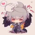  1girl animal bangs bird bird_wings black_hair blush chibi closed_eyes closed_mouth collared_shirt disembodied_limb eyebrows_visible_through_hair facing_viewer feathered_wings grey_hair grey_legwear grey_shirt grey_shorts hair_between_eyes head_wings heart kemono_friends long_sleeves multicolored_hair muuran necktie no_shoes orange_hair pantyhose petting shirt shoebill shoebill_(kemono_friends) shorts signature solo spoken_heart standing translation_request white_neckwear wings 