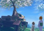  2girls anglerfish blue_kimono cherry_blossoms child clouds cloudy_sky commentary day dress from_behind girls_und_panzer goripan ground_vehicle hand_holding ivy japanese_clothes kimono long_sleeves military military_vehicle mother_and_daughter motor_vehicle multiple_girls nishizumi_maho nishizumi_miho ocean older outdoors panzerkampfwagen_iv scenery short_hair sky standing tank tree white_dress wide_sleeves 