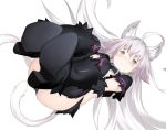  1girl ahoge animal_ears atalanta_(alter)_(fate) belt_collar blush boots cat_ears cat_tail closed_mouth commentary_request fate/grand_order fate_(series) floating_hair green_eyes high_heel_boots high_heels keemu_(occhoko-cho) long_hair looking_at_viewer multiple_tails short_sleeves silver_hair simple_background solo tail thigh-highs two_tails very_long_hair white_background 
