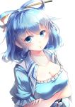  1girl absurdres blue_eyes blue_hair breasts cleavage crossed_arms eyebrows_visible_through_hair hair_ornament hair_rings hair_stick highres kaku_seiga kanzakietc looking_at_viewer medium_breasts puffy_sleeves short_hair simple_background smile solo touhou upper_body white_background 