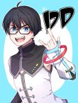  1boy \m/ ahoge black_hair blue_background blue_eyes character_name dd_(xuni_dd) glasses highres male_focus open_mouth simple_background smile solo star virtual_youtuber xuni_dd 