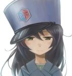  1girl :| bangs bc_freedom_(emblem) bc_freedom_military_uniform black_hair blue_coat blue_hat brown_eyes closed_mouth emblem girls_und_panzer half-closed_eyes hat inumoto long_hair looking_at_viewer military_hat ooarai_school_uniform reizei_mako school_uniform shako_cap simple_background sleepy solo standing upper_body white_background 