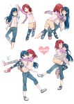  2girls :d ?? @_@ arm_up blue_hair blush carrying character_name collarbone cropped_legs dancing denim dizzy_(feeling) double_vertical_stripe eyelashes full_body hand_holding heart hug jacket jeans kuma_(bloodycolor) leg_up long_hair love_live! love_live!_school_idol_project multiple_girls multiple_views nishikino_maki no_socks open_clothes open_jacket open_mouth outstretched_arm pants princess_carry print_legwear raglan_sleeves red_footwear redhead shirt short_hair shorts simple_background smile sonoda_umi standing standing_on_one_leg star star_print t-shirt thigh-highs violet_eyes white_background white_footwear white_shirt yellow_shorts yuri 