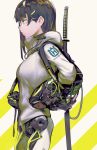  1girl absurdres afukuro android bangs black_hair closed_mouth cowboy_shot engine expressionless eyebrows_visible_through_hair from_side glasses highres hood hoodie jacket katana long_hair mecha_musume original profile sheath sheathed sidelocks solo sword weapon weapon_on_back 