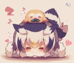  1girl =_= bird bird_tail black_hair blush chibi closed_eyes covered_mouth facing_viewer fur-trimmed_sleeves fur_collar fur_trim gen_7_pokemon grey_coat head_wings heart highres kemono_friends long_sleeves lying multicolored_hair muuran northern_white-faced_owl_(kemono_friends) on_head on_stomach open_mouth orange_hair outstretched_arms owl pokemon_(creature) rowlet signature silver_hair sleeping spread_arms zzz 