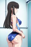  1girl anime_coloring ass bangs bare_arms bare_shoulders blue_swimsuit blunt_bangs blush breasts brown_hair closed_mouth competition_swimsuit cowboy_shot erect_nipples expressionless eyebrows_visible_through_hair from_behind green_eyes hair_ornament hairclip highres indoors kurosawa_dia legs_together long_hair love_live! love_live!_sunshine!! medium_breasts mole mole_under_mouth monteriakitto one-piece_swimsuit profile shiny shiny_clothes shiny_skin sidelocks skin_tight solo standing swimsuit 
