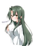  1girl alternate_costume bangs black_sweater cropped_torso eyebrows_visible_through_hair from_above green_eyes green_hair hair_down hair_intakes holding holding_hair hoshino_kagari kantai_collection long_hair long_sleeves looking_at_viewer looking_to_the_side parted_bangs shiny shiny_hair shirt sidelocks simple_background solo sweater turtleneck twitter_username upper_body v-shaped_eyebrows white_background white_shirt zuikaku_(kantai_collection) 