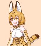  1girl :d animal_ears bare_shoulders bow bowtie breasts commentary disco_brando elbow_gloves english_commentary gloves high-waist_skirt highres kemono_friends medium_breasts open_mouth orange_background orange_eyes orange_gloves orange_hair serval_(kemono_friends) serval_ears serval_print serval_tail short_hair simple_background skirt smile solo standing tail twitter_username 