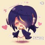 1girl :o =_= barefoot black_hair black_jacket blush chibi closed_eyes emperor_penguin_(kemono_friends) facing_viewer hair_over_one_eye headphones heart jacket kemono_friends leotard long_hair multicolored_hair muuran open_clothes open_jacket open_mouth orange_hair signature solo standing streaked_hair translation_request white_leotard 