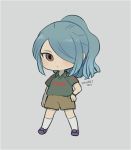  1girl ayu_(mog) blue_hair bracelet brown_eyes brown_shorts chibi closed_mouth clothes_writing copyright_request full_body green_shirt grey_background hair_over_one_eye jewelry kneehighs legs_apart looking_at_viewer one_eye_covered ponytail purple_footwear shirt shoes short_shorts short_sleeves shorts signature simple_background solo standing white_legwear 