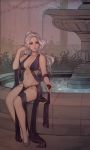  1girl absurdres bare_legs bare_shoulders breasts bush closed_mouth elf fountain grey_footwear hair_bun hand_up high_heels highres holding jewelry long_hair looking_at_viewer matilda_vin medium_breasts navel original pointy_ears revealing_clothes sitting smile solo violet_eyes 