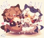  2girls ;o bird_tail black_hair blush brown_coat brown_eyes brown_hair candy_apple chibi coat eurasian_eagle_owl_(kemono_friends) food fur-trimmed_coat fur-trimmed_sleeves fur_collar fur_trim grey_coat head_tilt head_wings heart holding holding_food kemono_friends long_sleeves looking_at_viewer multicolored_hair multiple_girls muuran no_shoes northern_white-faced_owl_(kemono_friends) one_eye_closed open_mouth orange_hair pantyhose signature standing translation_request white_hair white_legwear 