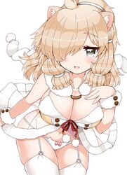  1girl :d adapted_costume alpaca_ears alpaca_suri_(kemono_friends) animal_band_panties blonde_hair blush bow bow_panties breasts commentary_request cowboy_shot eyebrows_visible_through_hair fur_collar fur_trim garter_belt grey_eyes hair_over_one_eye highres horizontal_pupils kanjitomiko kemono_friends large_breasts lingerie looking_at_viewer medium_hair open_mouth panties pink_bow simple_background smile solo thigh-highs underwear white_background white_legwear white_panties wrist_cuffs 