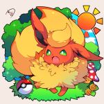  :3 :d blue_sky chibi clouds commentary_request fang flareon gen_1_pokemon green_eyes highres looking_at_viewer mushroom muuran no_humans open_mouth poke_ball poke_ball_(generic) pokemon pokemon_(creature) signature sky smile solo sparkle sun 