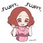  1girl blush brown_eyes brown_hair commentary_request do_m_kaeru english hands_in_hair heart okumura_haru open_mouth persona persona_5 pink_sweater playing_with_own_hair ribbed_sweater short_hair smile solo sweater twitter_username 