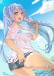  1girl blue_eyes blue_hair blush clouds dutch_angle eyebrows_visible_through_hair food from_behind hatsune_miku kusoyuridanchi long_hair looking_at_viewer open_mouth outdoors popsicle see-through short_shorts shorts sky solo striped_bikini_top tan tanline tongue tongue_out twintails very_long_hair vocaloid wading water 