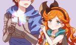  1boy 1girl brown_hair cape cellphone crying gauntlets glowing gran_(granblue_fantasy) granblue_fantasy green_eyes hair_ribbon hairband hood hoodie long_hair myusha open_mouth orange_hair phone ribbon sara_(granblue_fantasy) smartphone tears wavy_mouth 