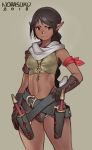  1girl armband blush braid brown_eyes brown_gloves brown_hair closed_mouth commentary cowboy_shot dark_skin elf english_commentary gloves grey_background hand_on_hip highres key_necklace long_hair looking_at_viewer micro_shorts navel norasuko original pointy_ears scabbard scarf sheath shorts simple_background single_braid single_detached_sleeve smile solo standing white_scarf 
