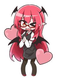  &gt;_o 1girl ;3 ;d bat_wings bespectacled black_legwear blush chibi commentary_request dress_shirt eyebrows_visible_through_hair full_body glasses hands_together head_wings heart juliet_sleeves koakuma long_hair long_sleeves looking_at_viewer low_wings necktie not_on_shana one_eye_closed open_mouth pantyhose pointy_ears puffy_sleeves red-framed_eyewear red_eyes red_neckwear redhead semi-rimless_eyewear shirt simple_background skirt skirt_set smile solo touhou very_long_hair vest white_background white_shirt wings 