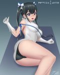  1girl artist_name black_hair black_panties blue_eyes breasts commentary dungeon_ni_deai_wo_motomeru_no_wa_machigatteiru_darou_ka gloves hestia_(danmachi) jay156 large_breasts looking_at_viewer panties rei_no_himo solo twintails underwear white_gloves 